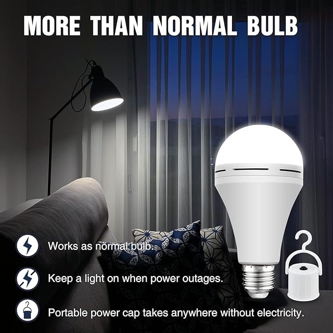 Neporal 4 Pack Emergency-Rechargeable-Light-Bulb, Stay Lights Up When Power Failure, 1500mAh 15W 80W Equivalent LED Light Bulbs for Home, Camping, Tent (E27, with Hook) (Daylight)