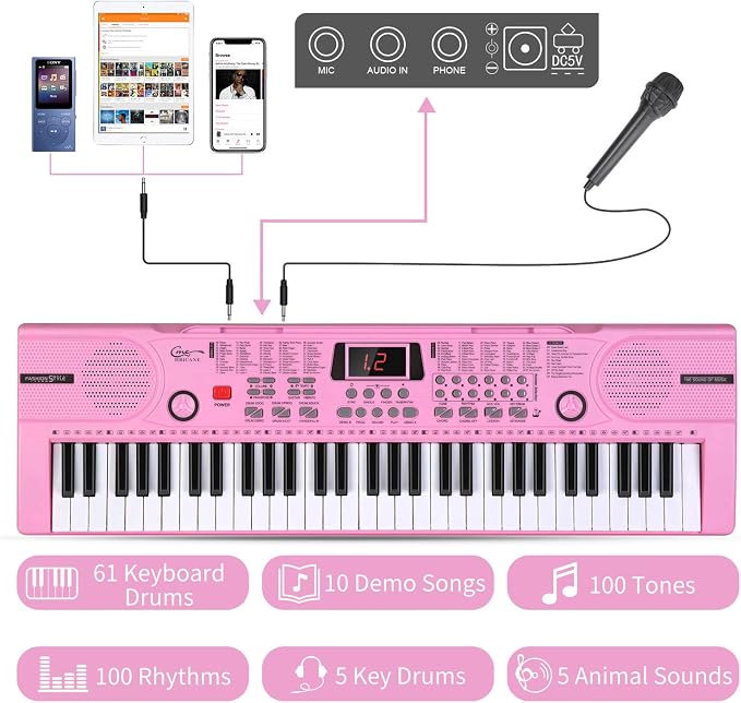 Piano Keyboard, 61 Keys Beginner Electronic Keyboard Portable Digital Music Keyboard, Early Education Music Instrument with Microphone & Music Sheet Stand