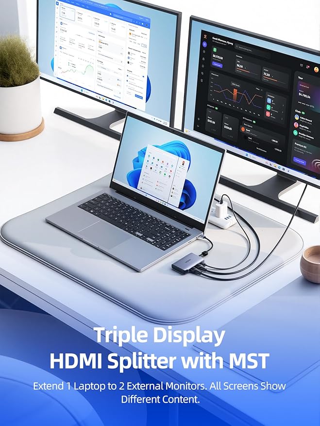 llano USB-C to Dual HDMI Adapter for Dual Monitors, HDMI Splitter with Dual 4K@60Hz Extended Display, 2K@144Hz@120Hz Support, 100W PD Charging, MST Hub for MacBook and Windows Laptop