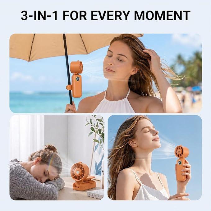 Clip-On Portable Fan with Misting, 4000mAh Up to 12H Battery Life Hand Mini Foldable Fan, 360° Rotating USB Rechargeable Turbo Quiet Stroller Fans for Travel Outdoors and Office Use (Orange)