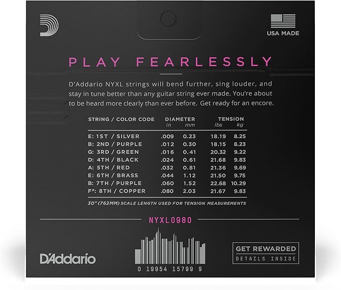 D'Addario Electric Guitar Strings, NYXL Nickel Plated, NYXL0980, Super Light Gauge 09-80, 8-String Set, Pack of 1