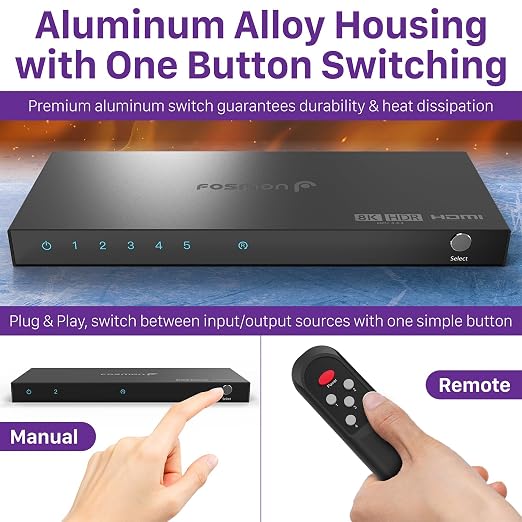 Fosmon 5-Port HDMI 8K Switch with Remote, Support 8K@60Hz 4K@120Hz HDR10+ HDCP 2.3 High Speed 48Gbps 5 in 1 Out Auto-Switching 5x1 HDMI 2.1 Switcher Splitter Hub Compatible with PS5, Xbox X, Apple TV