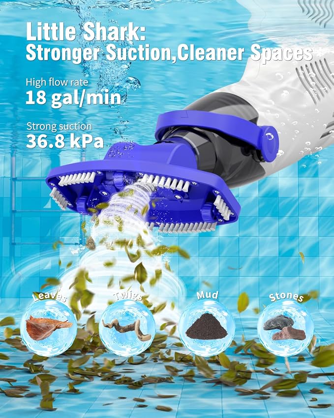 (2026 Upgrade) Little Shark Cordless Pool Vacuum, 60W Motor, 18 GPM Strong Suction, 5000mAh Battery, 60-Min Runtime, Compact Lightweight Handheld Pool Cleaner for Above Ground Pools & Hot Tubs