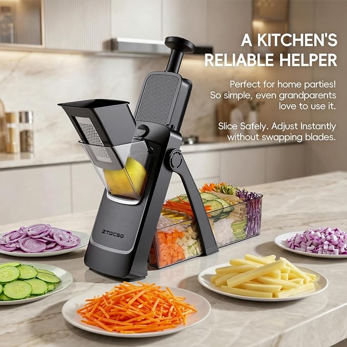 [7 in 1 ] Vegetable Slicer for Kitchen, Safe Mandoline Slicer, Adjustable Veggie Potato French Fry Cutter, Wider Tray & Stainless Steel Grater & Filter Basket & Lid & Cleaning Brush (Black Pro)
