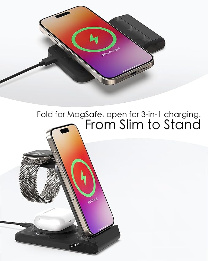 3 in 1 Charging Station for Multiple Devices,Travel Wireless Charging Station, Foldable Charger for iPhone 17 Air 16 15 14 13 12 Series,& Android Phone,& iWatch (USB-C Adapter Included)