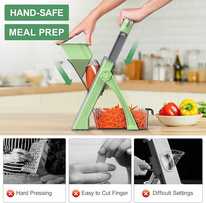 [All in 1] Upgraded Version Safe Mandoline Slicer for Kitchen, Adjustable Thickness. Veggie Slicer, Rapid Prep Mandoline, Detachable Blade, Cleaning Brush (Green)
