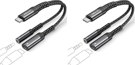 JSAUX USB C to 3.5mm Headphone and Charger Adapter,2-in-1 USB C to Aux Audio Adapter with PD 60W Fast Charging Compatible with iPhone 15 pro max/15 pro/15 Plus /15-Black (Pack of 2)