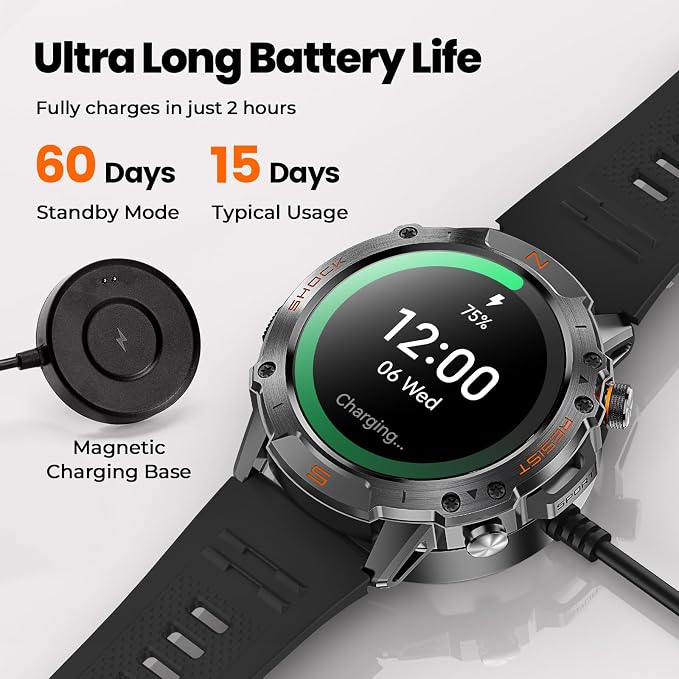 WalkerFit Outdoor Smart Watch for Men, 1.43" AMOLED Black Silicone Band, 5ATM Waterproof for Hiking Climbing Trail Run Swim, 170+ Sports, Compass Heart Rate SpO2, Adventure Watch for iPhone Android