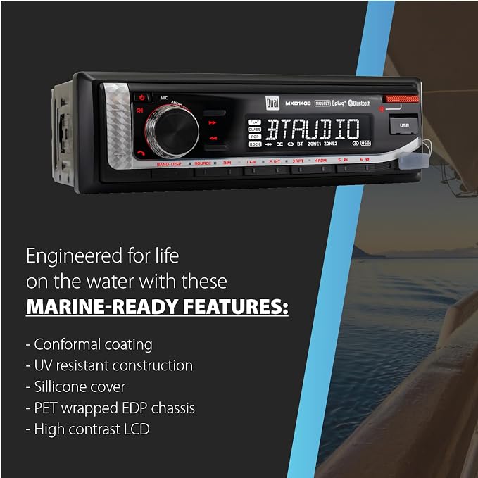 Dual Electronics MXD140B Marine Stereo with Built-in Bluetooth | Single DIN 8-Character Sunlight-Readable LCD Display | Weatherproof | AM/FM Stereo Receiver | USB Port with 2.1 A Charging | Black