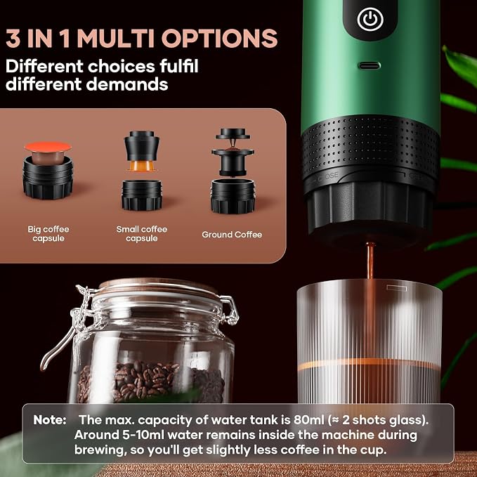 kejector Portable Coffee Maker Espresso Machine for Travel Nano Car Coffee Maker Compatible with Ground Coffee & Capsule for RV, Hiking Camping Office, Travel Espresso Maker Electric Green