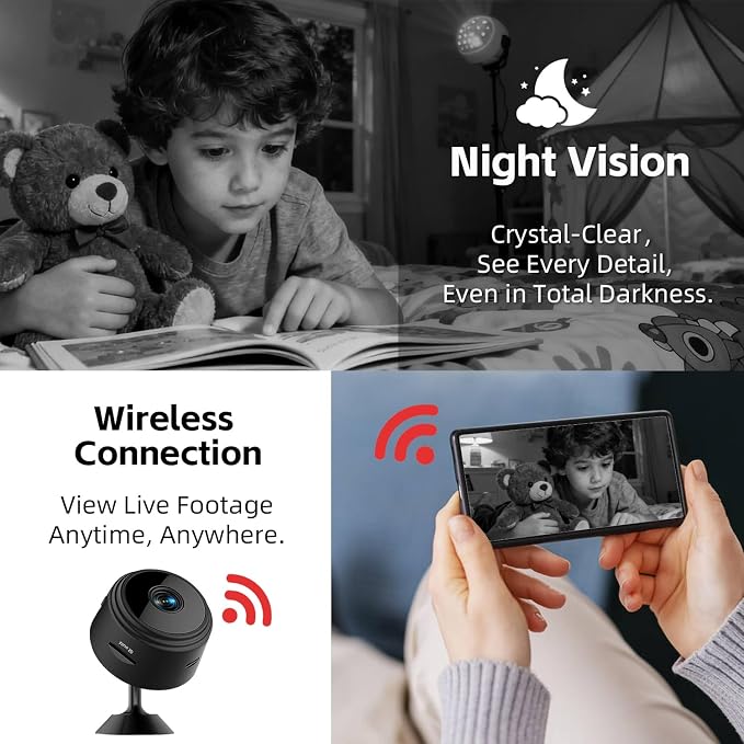 Hidden Camera Surveillance Monitor - WiFi Nanny Cam with 1080P Night Vision, Motion Detection, and Smartphone Compatibility - Indoor Spy Camera for Home/Baby/pet/Office