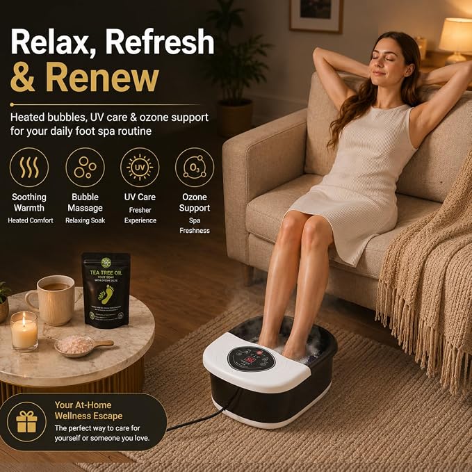 Foot Spa Bath Massager with Heat, UV Ozone & Oxygen Bubbles, Shiatsu Rollers Epsom Salt Temperature Control, Relieves Stress and Feet Pain - Home Pedicure Soaking Tub Gift for Women/Men