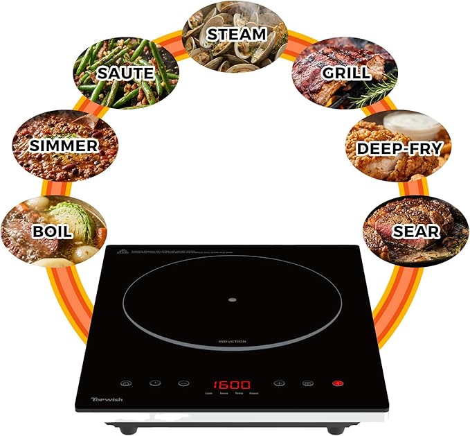 Induction Cooktop, TOPWISH Portable Hot Plate Electric Induction Burner, 10 Temp Levels up to 464°F, 110-120V Electric Stove Top Cooker with High Energy Efficiency & Kids Lock for Cooking, 1600W