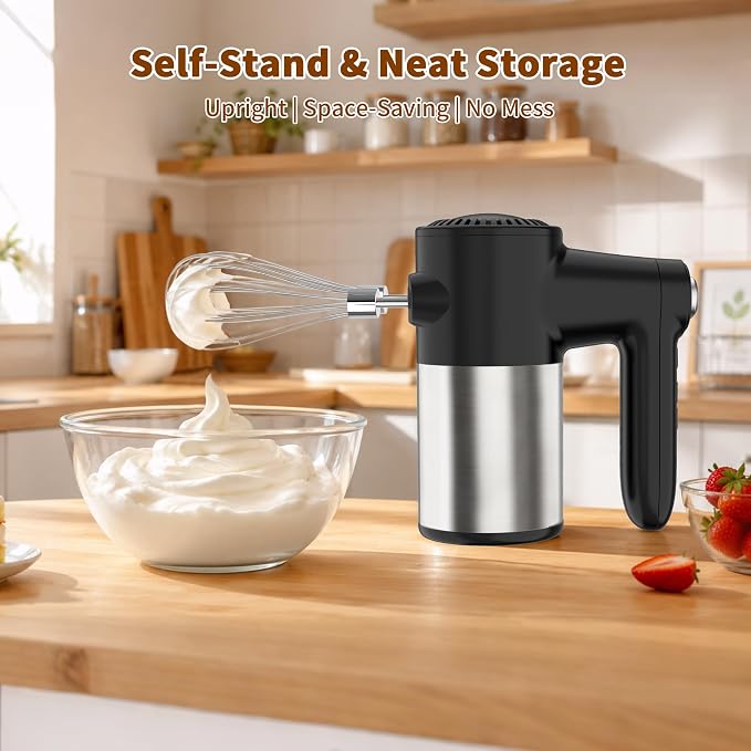 Cordless Electric Hand Mixer, 7 Speed Rechargeable Wireless Handheld Mixer with Eject Button, Long Battery, Quiet Anti-Splash, 6×304 Stainless Steel Attachments & Storage Base for Baking (Black)