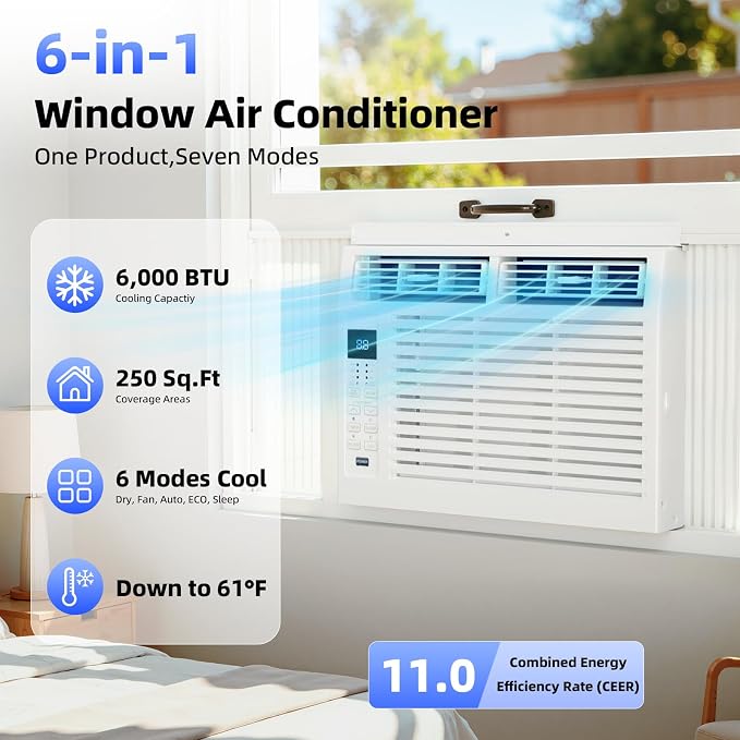 Antarctic Star 6,000 BTU Window Air Conditioner, Window AC Unit, Cools Rooms up to 250 Sq.Ft., 6 in 1 Modes Air Conditioner Window Unit with Remote Control, Easy to Install, Energy Saving, White