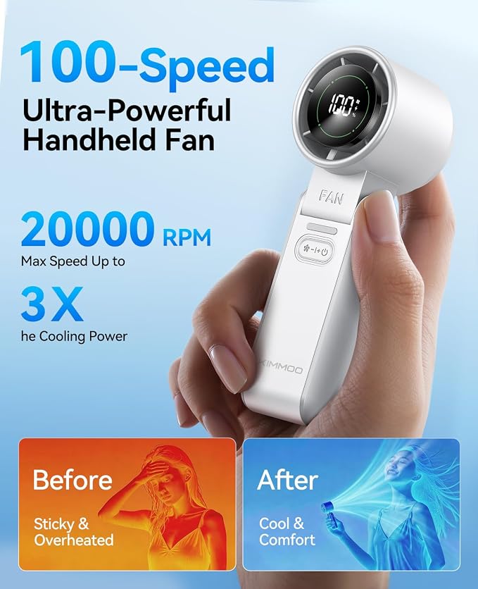 KIMMOO 2 Pack White Portable Handheld Turbo Fan-100 Speeds, Powerful 20000 RPM, 12Hrs Cooling,120° Rotation, USB Rechargeable Mini Hand Held Personal Fan for Travel Outdoor Indoor
