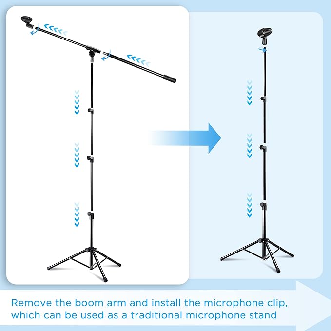 Microphone Stand 2 Pack, Bietrun Tripod Mic Stand Adjustable Boom Height, with Carry Bag & Mic Clips, Detachable Boom Mic Stand for Singing Performance Wedding Stage Church
