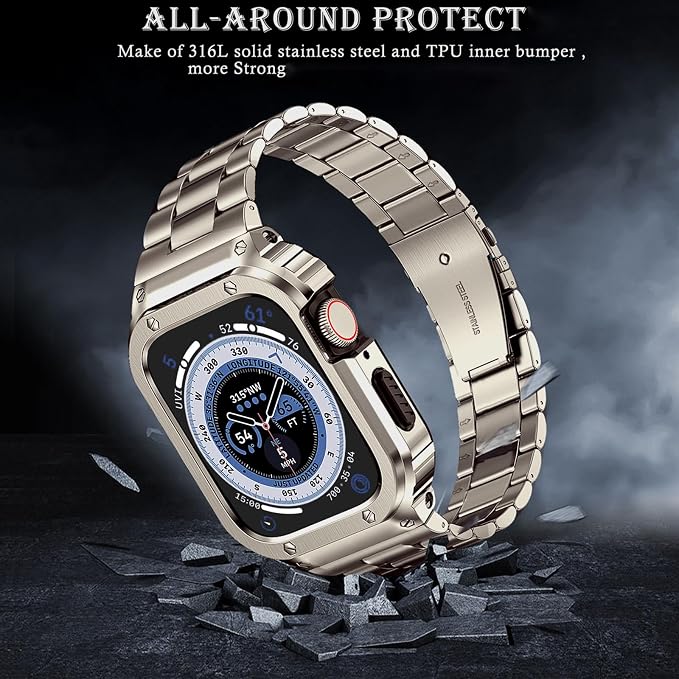 MioHHR Stainless Steel Band and Case Compatible with Apple Watch Band 46mm Series 11 10, Men Metal Protective Bumper Cover for iWatch 46mm Series 11/10, Titanium Color