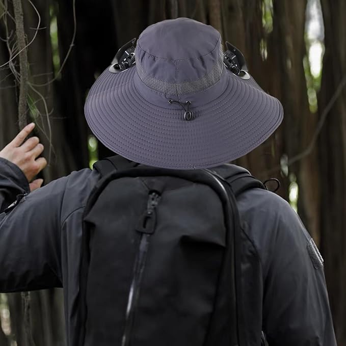 Outdoor Solar Powered Fan Hat for Men Women Breathable Wide Brim Hat with 2 Fans UPF 50+ Fishing Hat Beach Bucket Sun Hat