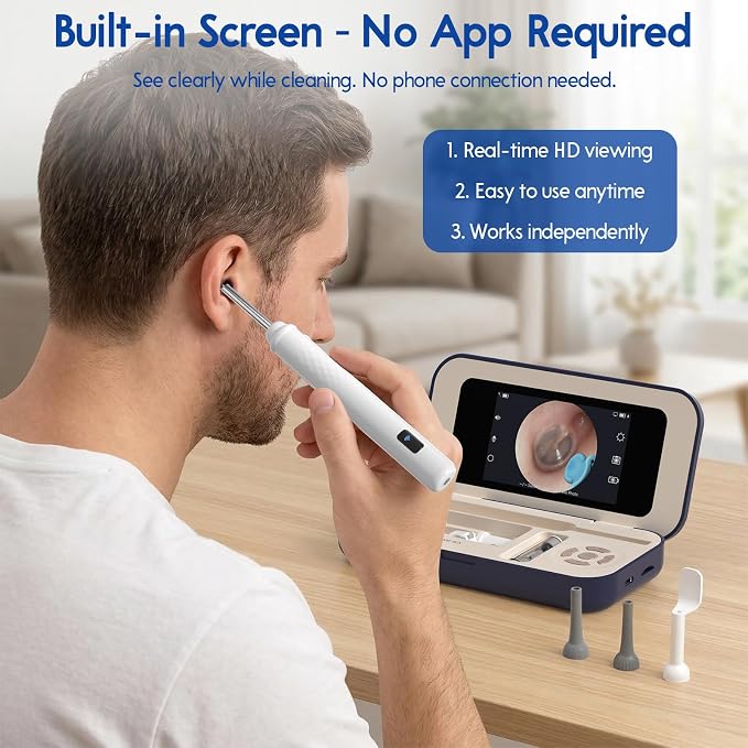 Ear Cleaner with Camera, Wireless Ear Wax Removal Tool with Screen, Visual Ear Cleaner Kit with Tweezers and Replacement Tips, Safe Ear Cleaning Tool for Kids & Adults