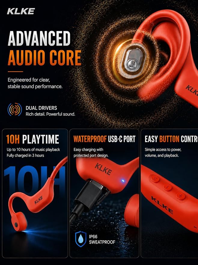 Open-Ear Bone Conduction Headphones for Running, Bluetooth Sports Headphones with Rear Safety Light, Dual Modes, Adjustable Fit, IP66 Waterproof, Mic, 10H Playtime for Gym Cycling