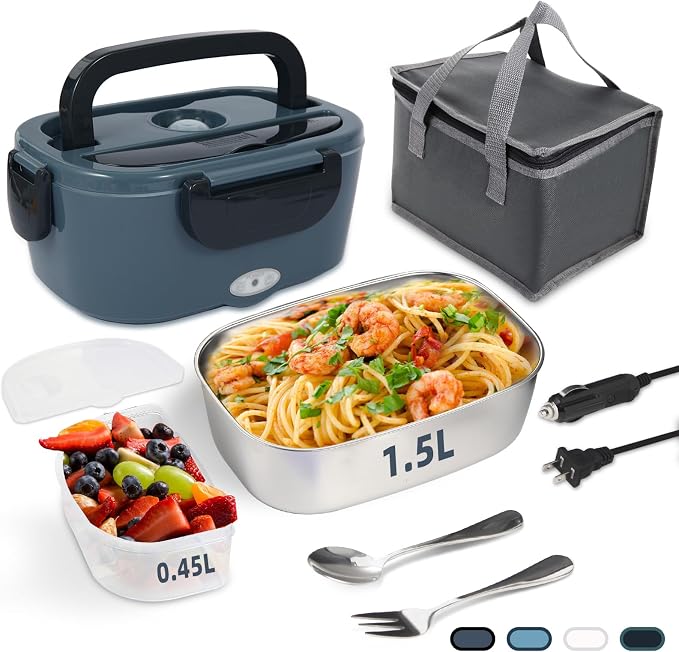 SOHIDA Electric Lunch Box, 12V/24V/110V Portable Food Warmer with SS Fork & Spoon for Car/Truck/Office, 80W Self Heating Lunch Box with 1.5L 304 Stainless Steel Container & 0.45L PP Fruit Box Black
