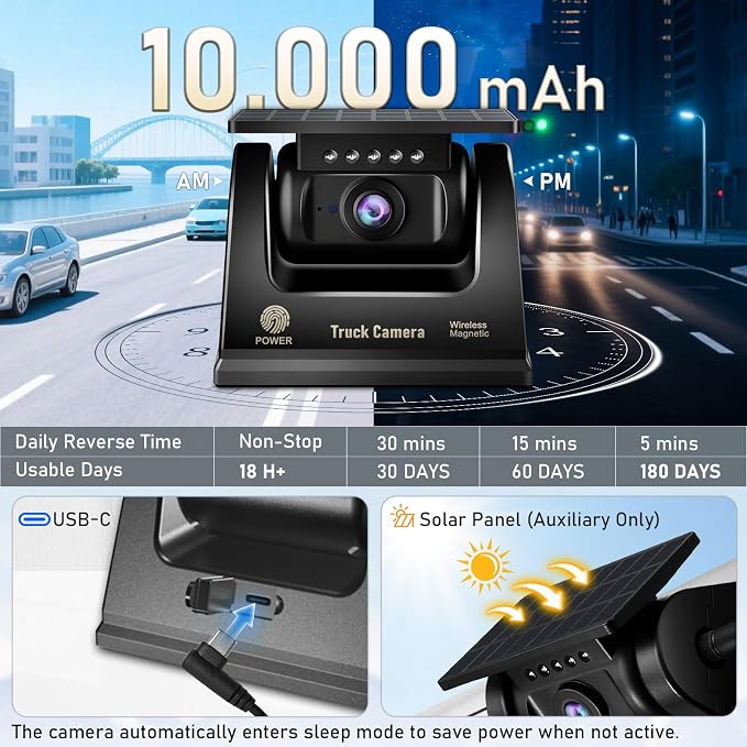 Wireless Backup Camera for Truck RV - 7" Portable Apple CarPlay Android Auto Touchscreen Monitor - 10000mAh Solar Magnetic Rear View Camera for Pickup, Trailer, Camper Van, Fifth Wheel, Box Semi Truck