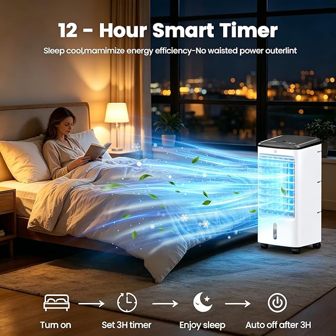 Windowless Air Conditioner, Portable Swamp Cooler with 2 Water Tanks, 4-in-1 Evaporative Air Cooler with Remote, 4 Modes 3 Speeds, 12H Timer, 4 Ice Packs, Ventless Cooling Fan for Room Home Office