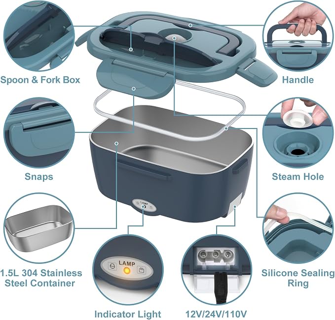 Electric Lunch Box Food Heater 80W Heated Luncbox for Adults 12V 24V 110V 220V Portable Warmer Lonchera Eléctrica Portátil Car Truck Work Driver Travel Jobsite Gifts Fathers Day for Dad Husband Men