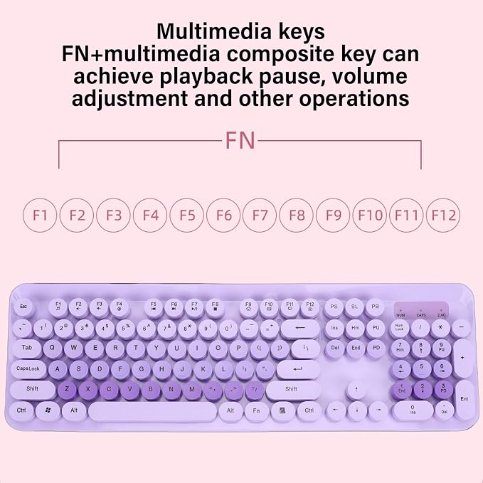 Wireless Keyboard and Mouse Combo, 2.4GHz Plug and Play with Retro Typewriter Style Round Keycaps, 104 Keys with Numeric Pad, for PC Laptop Desktop (Purple)