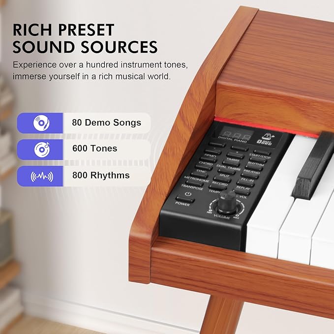 UISCOM Digital Piano Keyboard 88 Key Semi-Weighted for Beginners,Full Size Electric Piano with Stand,Triple Pedal,Adapter,Sheet Music Stand,Headphone,USB-MIDI Compatible,Wood Brown