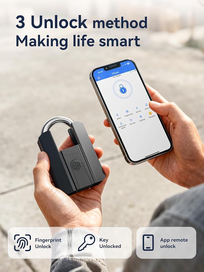 NexusLab Fingerprint Padlock, Heavy-Duty Outdoor IP67 Waterproof, 3-Way Unlock (Fingerprint/App/2 Keys), Bluetooth App Control & Logs, USB-C Charging, Stores 50 Prints, for Gate Shed Fence Storage