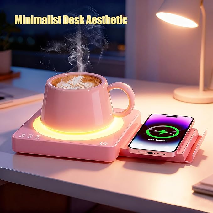 Coffee Mug Warmer for Desk with 15W Wireless Charging Pad, Electric Cup Warmer 3 Temp Settings, Smart Candle Heat Plate, Home Office & Coffee Lover Gifts for Women, Mom, Her - Pink