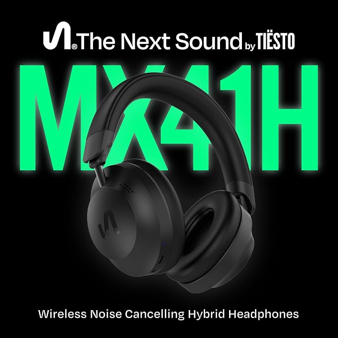 The Next Sound by Tiësto Noise Cancelling Headphones Wireless Bluetooth, MX41H Over Ear Headphones with Microphone, Hybrid ANC, 40H Playtime, Foldable Headset with AUX & Low Latency Gaming Mode