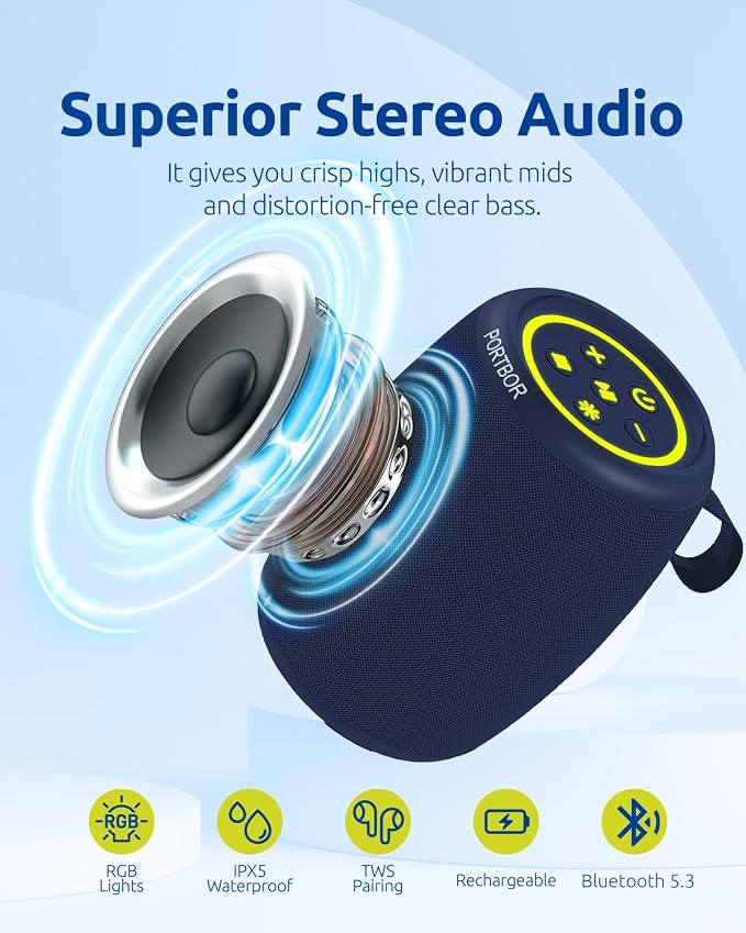 Bluetooth Speaker, Portable Wireless Speaker with Stereo Loud Sound, BT5.3, IPX5 Waterproof, TWS Pairing, for Outdoor Home Party Beach Camping, Electronics, Holiday Birthday Gift
