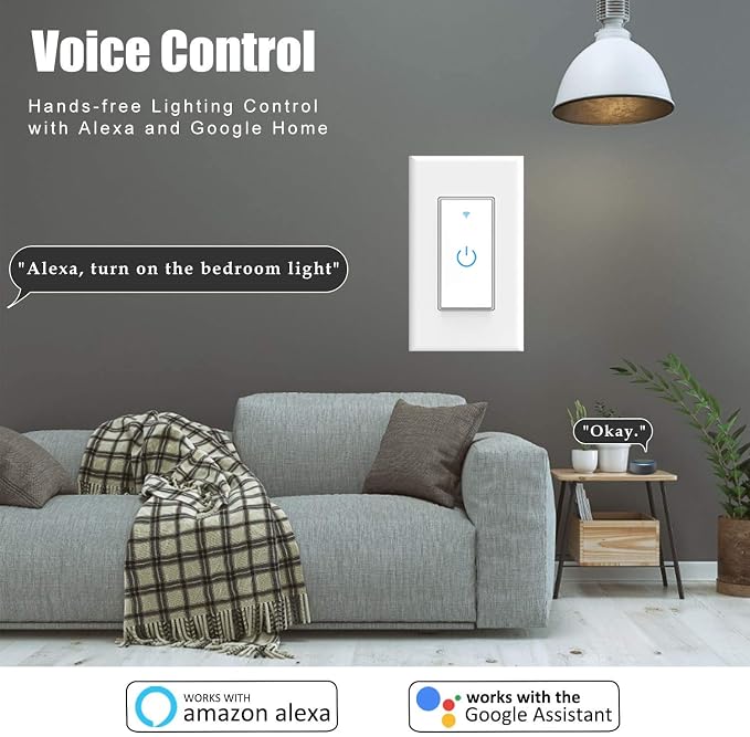 Double Smart Home Light Switch - Dual WiFi Wall Switch, Single Pole, Needs Neutral Wire - Compatible With Alexa Google Assistant