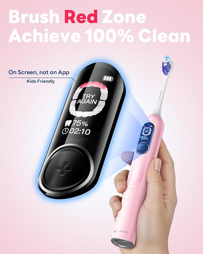 SAKYPRORAL AI Electric Toothbrush for Adults, Sonic Rechargeable Whitening Toothbrush with 6-Zone Tracking, Soft Replacement Heads & Travel Case (Pink, 1 Count with 6 Brush Heads)