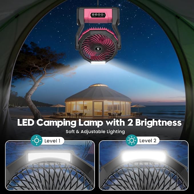 XZK 24000mAh Rechargeable Camping Fan, 64H Runtime Battery Powered Portable Travel Fan with LED Light, Tent Fans for Indoor,Outdoor,Fishing,Jobsite & Hurricane Emergency,Gifts for Men Dad Him,Pink