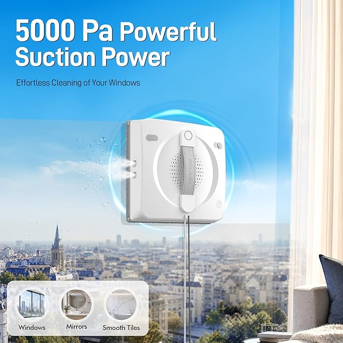 Window Cleaning Robot, 5000Pa Sauction with 4 Water Spray, 10-Stage Protection System, Intelligent Path Planning, 3 Cleaning Modes, Edge Detection for High Glass, Tiles, Mirror