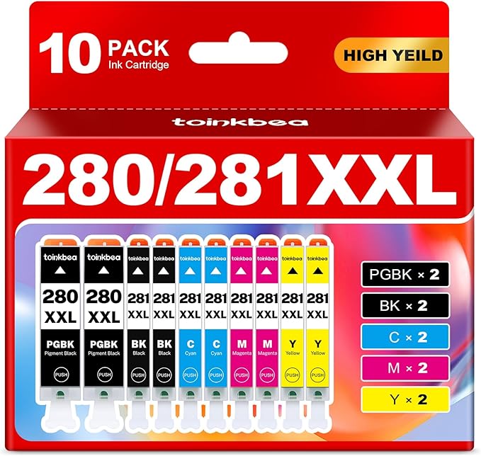 280 281 TR8620a Ink Cartridges High Yield Replacement for Canon PGI-280XXL CLI-281XXL 280XXL 280 281 XXL for Color Printer Pixma TR8600 TR8622a TR8620 TR8520 TS9120 TS9521c TS6120 TS8220 ink 10-Pack