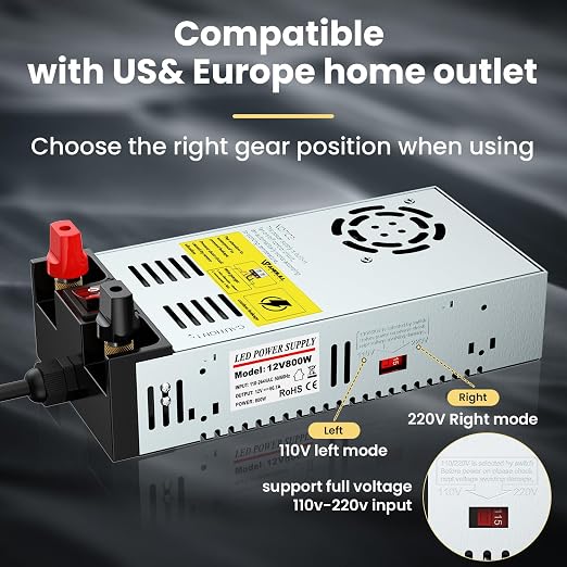 Anbull New Version 110V AC to 12V DC Converter, with ON/Off Switch,Pure Copper Terminals 12V DC Adapter Transformer, Max 50A 600W Power Supply,Upgraded Circuit Board