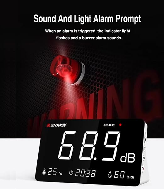 SW-525S 30-130dB Digital Meter Desktop Sound Level Meter with 6 inch LCD Display Meter Decibel Noise Time Temperature Humidity Meter for Classroom, Studio, Factory,Concert Hall