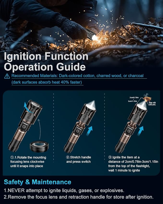 Flashlight 3000 High Lumens with Ignition Lens, Rechargeable Super Bright Zoomable LED Flash Light, 6 Mode Waterproof Handheld Powerful Tactical Flashlights for Camping Essentials Emergency