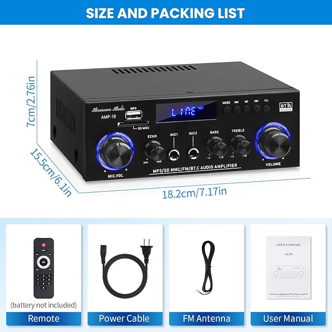 Amp10 Amplifier Home Audio,400W Power Amplifier 2 Channel Stereo Receiver with Bluetooth 5.0,Active Subwoofer Output, FM Radio, USB/SD/AUX, MIC, Remote Control for Home Theater