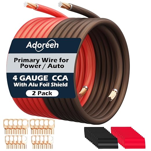 4 Gauge AWG Power/Ground Wire Cable 30 Ft Black+30 Ft Red, High Power Shielded CCA Soft Automotive Welding Battery Wiring Kit,for Car Audio Amp Speaker RV Trailer Marine Solar+ Lugs&Heat Shrink Tubes