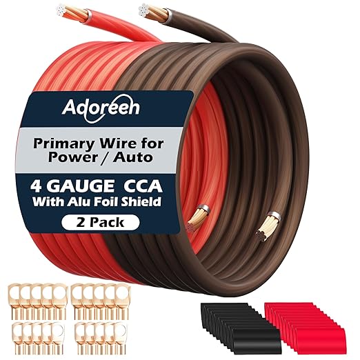 4 Gauge AWG Power/Ground Wire Cable 20 Ft Black+20 Ft Red, High Power Shielded CCA Soft Automotive Welding Battery Wiring Kit,for Car Audio Amp Speaker RV Trailer Marine Solar+ Lugs&Heat Shrink Tubes
