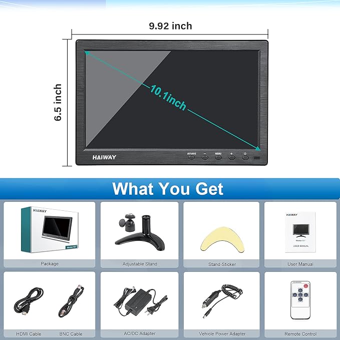 Haiway 10.1 inch Security Monitor, 1366x768 Resolution Small HDMI Monitor Small Computer Monitors with Remote Control with Built-in Dual Speakers HDMI VGA BNC USB Input for Gaming CCTV Raspberry Pi PC