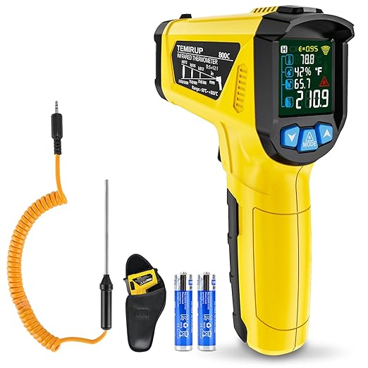 Infrared Thermometer Gun, TEMIRUP Non Contact Digital IR Laser Thermometer Temperature Gun with Probe for Cooking, Pizza Oven, Griddle, Humidity Measurement, Adjustable Emissivity -58°F to 1472°F