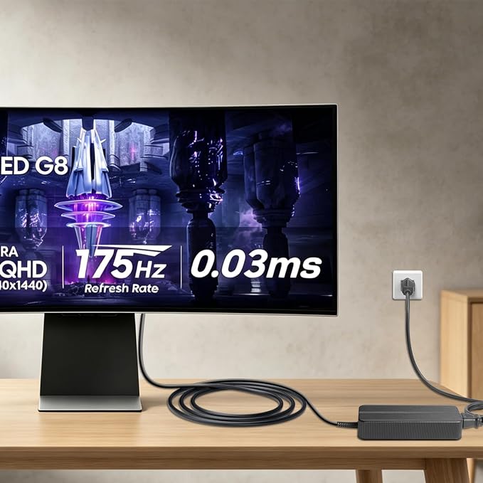 HKY 20V GaN-Base Ultra Compact AC/DC Adapter Compatible with Samsung Odyssey G8 34'' OLED Curved Ultrawide Gaming Monitor (LS34BG850SNXZA) Odyssey 49" G8 G9 G93SC G95SC Power Supply Cord