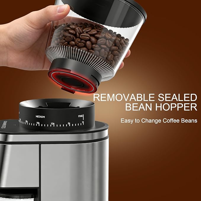 Conical Burr Coffee Grinder Electric,Stainless Steel Coffee Grinder for Home, Adjustable Burr Grinder with 30 Grind Settings, Digital Timer & 2-12 Cup Control, Removable Sealed Hopper, silver
